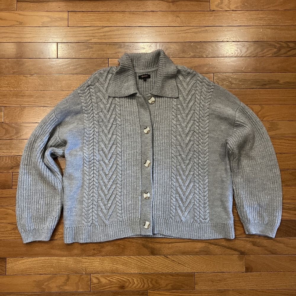 Quince 100% Merino Wool Collared Cardigan Womens Large Gray Cable Knit Sweater